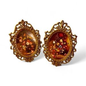 Vintage set of 2 Picture In Metal Frame Oval Flowers In Vase made in Italy